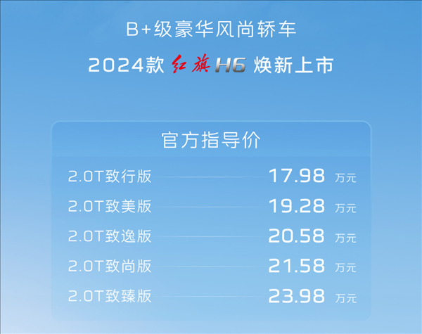 凱美瑞國(guó)產(chǎn)強(qiáng)敵！2024款紅旗H6上市：17.98萬(wàn)元起